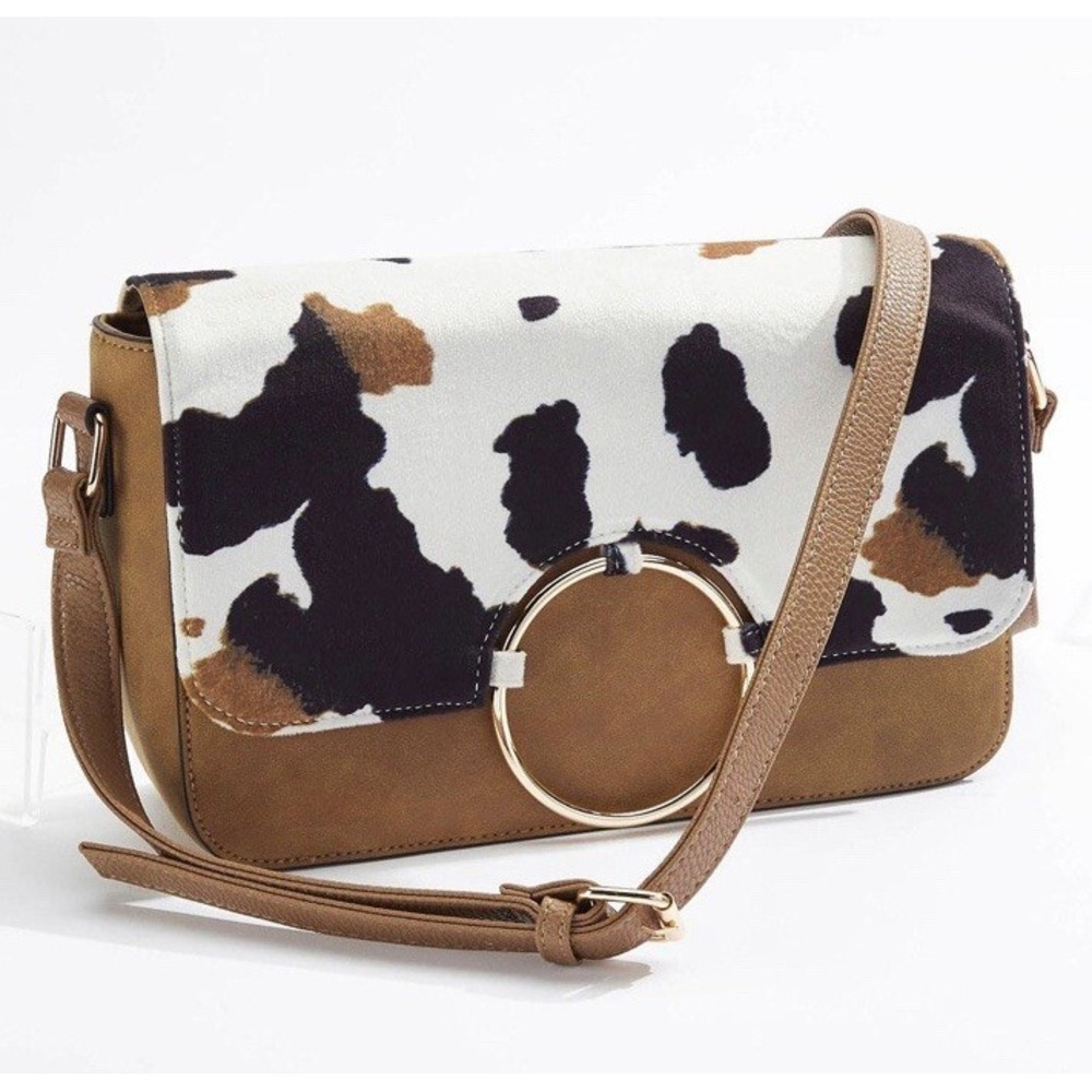 Cato Faux Cowhide Crossbody Purse Tan Gold Trim Animal Print Bag